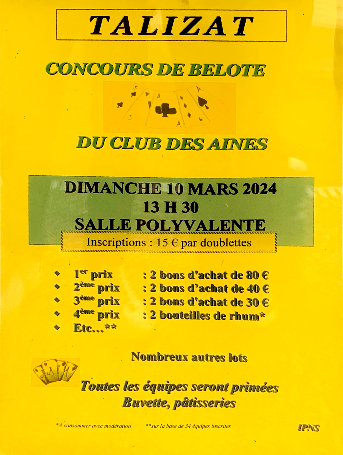 Affiche du concours de Belote du 10 mars 2024 à Talizat